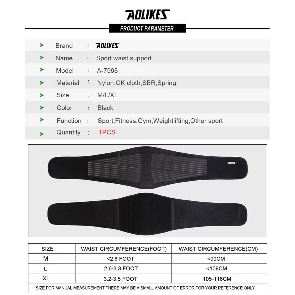 Aolikes 7998 Lumbar Waist Back Support Belt Sabuk Penyangga Pinggang Weighlifting Bodybuilding