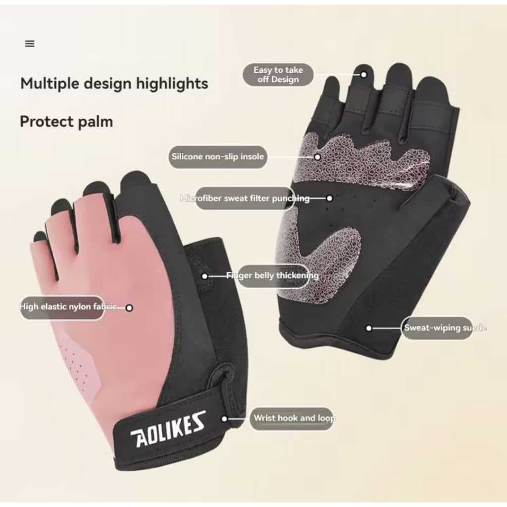 Sarung Tangan Gym Fitness Anti Slip - Gloves Fitness Anti Slip Half Finger Olahraga Angkat Beban AOLIKES 122