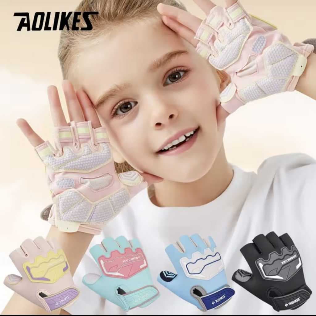 AOLIKES 125 Sarung Tangan Olahraga Sepeda Anak Kids Sports Gloves Anti Slip Half Finger Pelindung Tangan